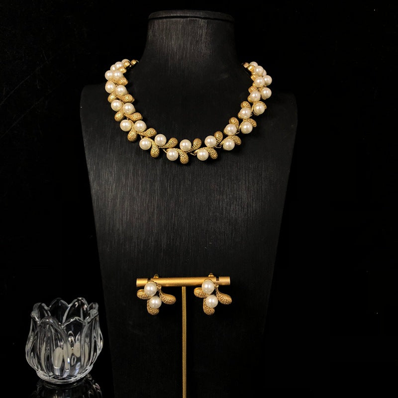 Golden Petal Pearl Necklace & Earrings Set