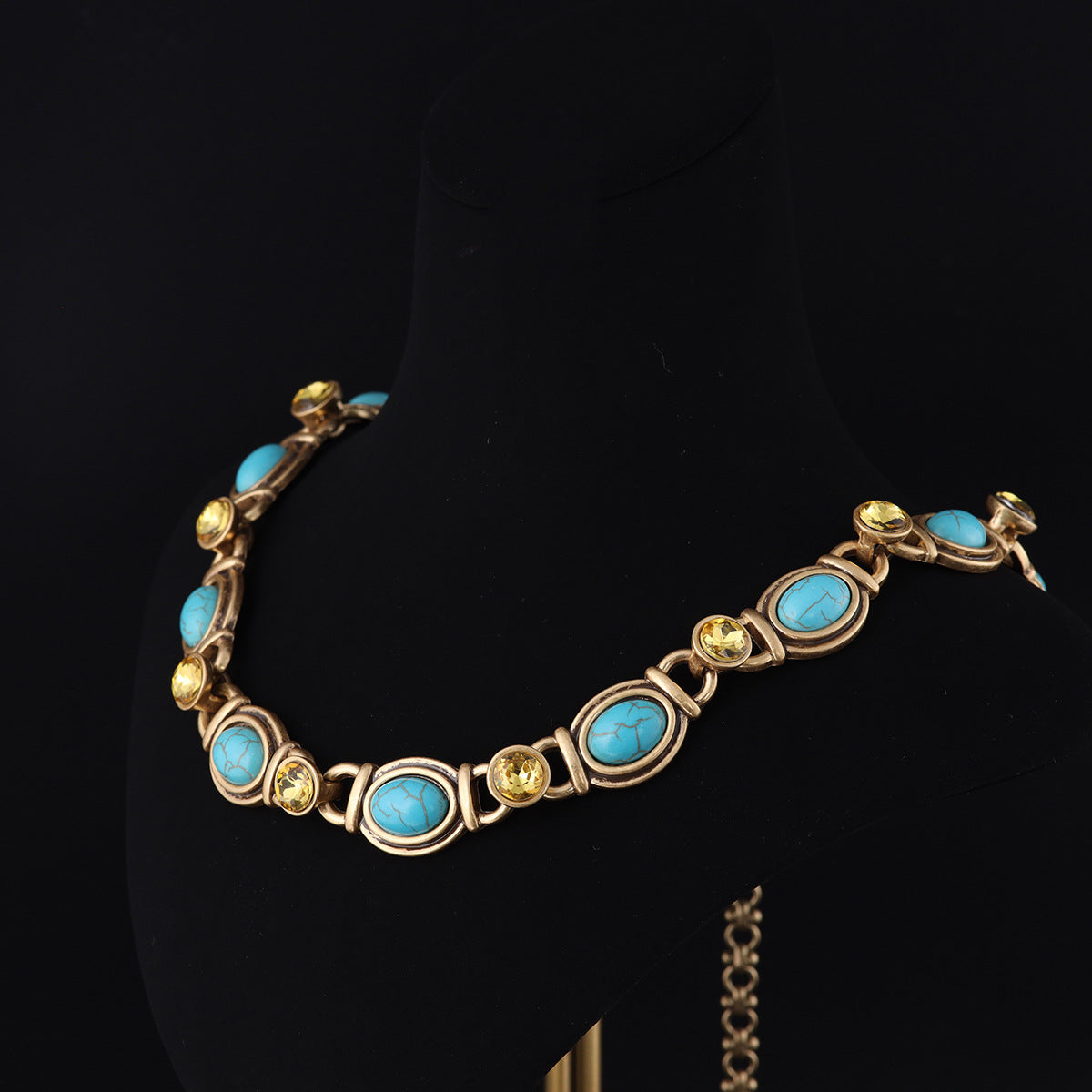 Turquoise & Golden Crystal Link Necklace