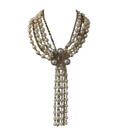 Pearl Multi-Layer Tassel Statement Necklace