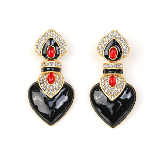 Vintage Enamel & Rhinestone Heart Earrings