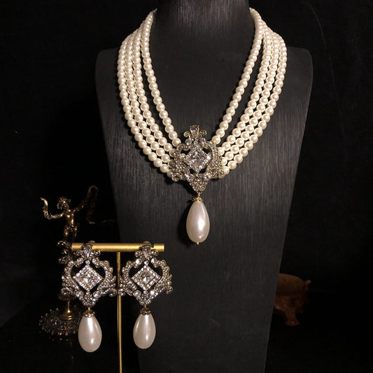 Vintage Royal Pearl & Crystal Jewelry Set