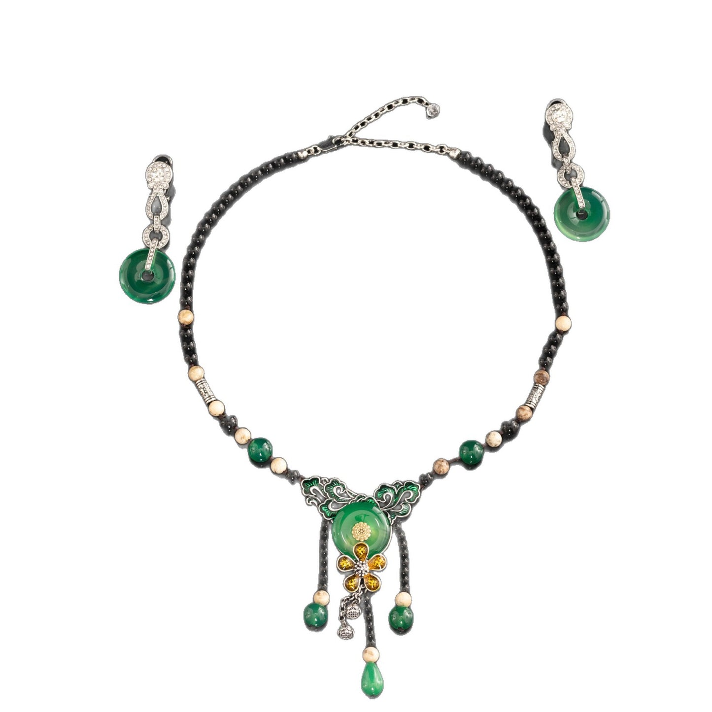 Green Stone & Black Beaded Pendant Necklace Set