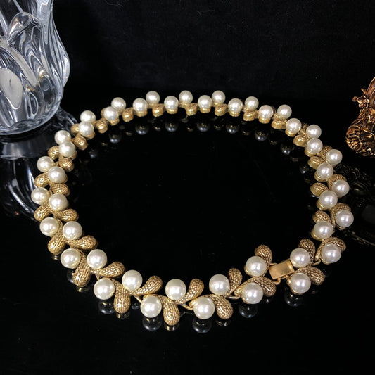 Golden Petal Pearl Necklace & Earrings Set
