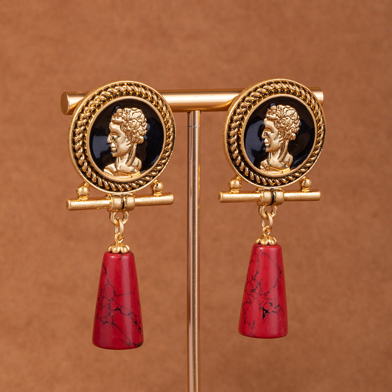 Red Pine Cameo Portrait Relief Earrings