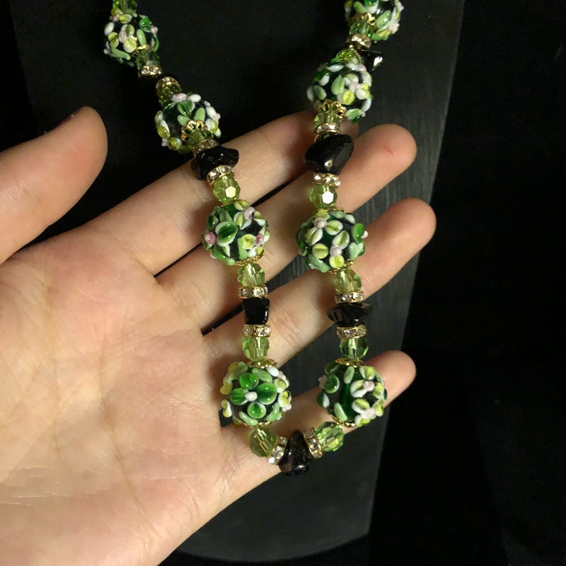 Vintage Green Floral Glass Bead Jewelry Set