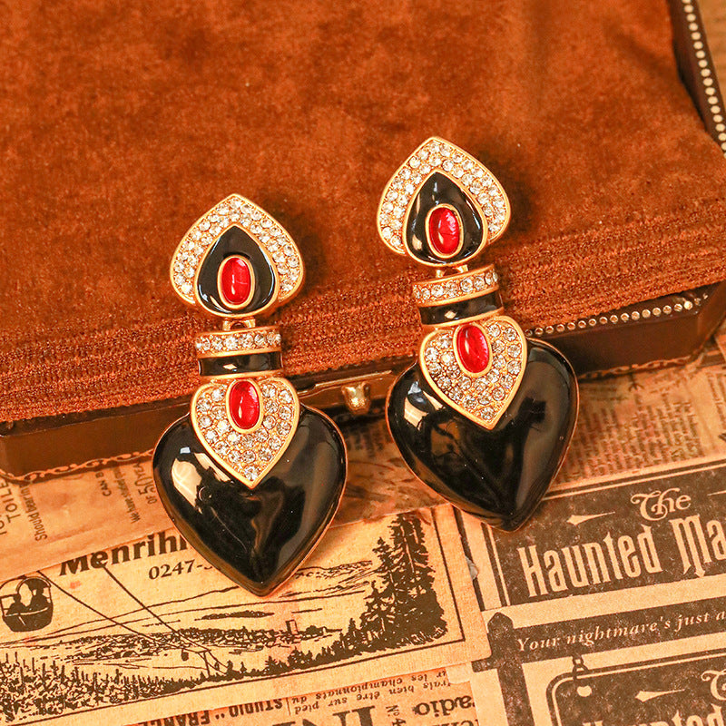 Vintage Enamel & Rhinestone Heart Earrings