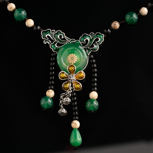Green Stone & Black Beaded Pendant Necklace Set