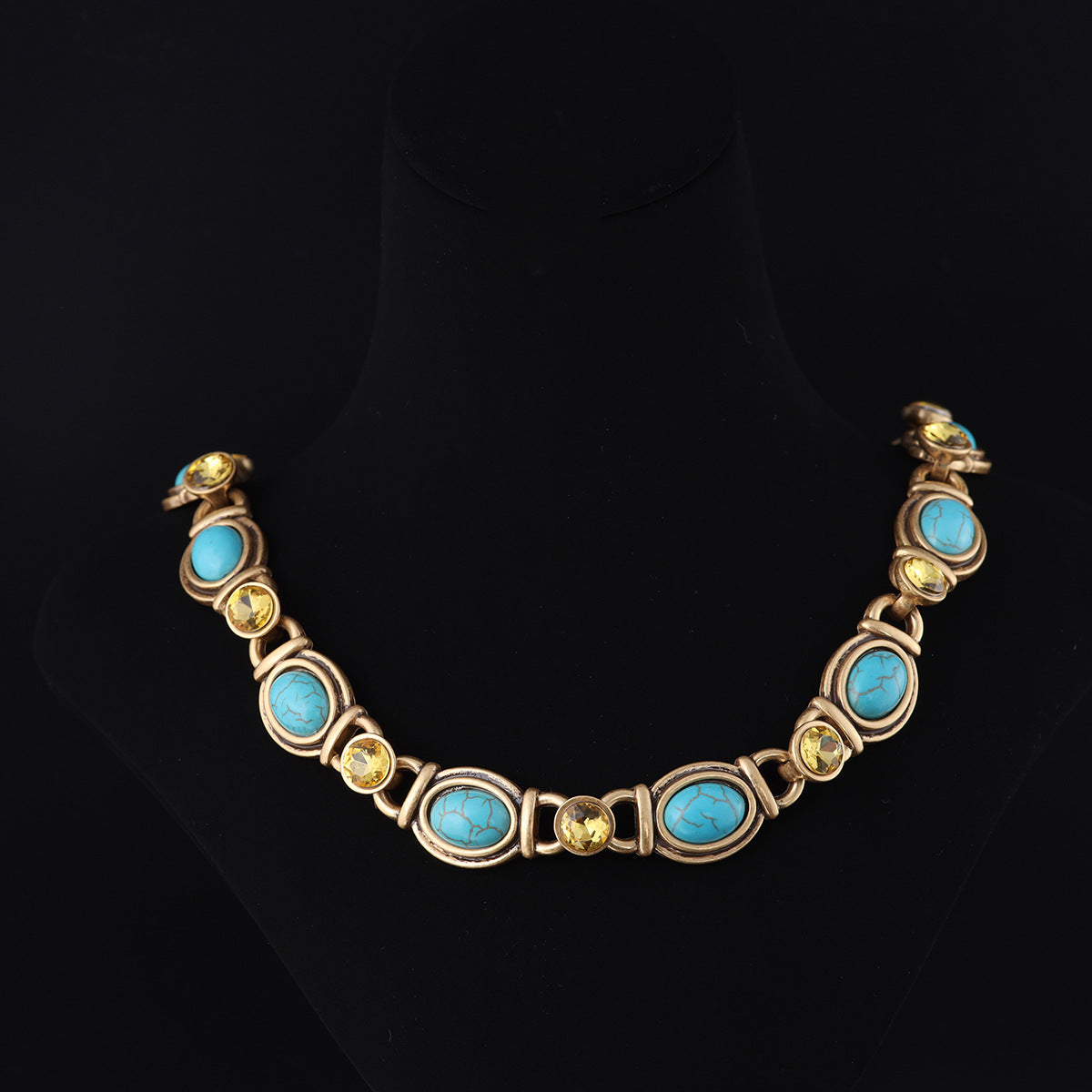 Turquoise & Golden Crystal Link Necklace
