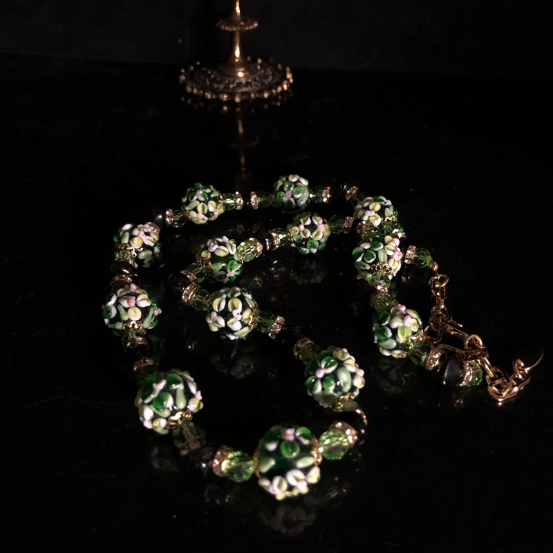 Vintage Green Floral Glass Bead Jewelry Set