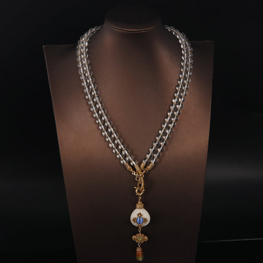Transparent Glass & White Agate Beaded Necklace