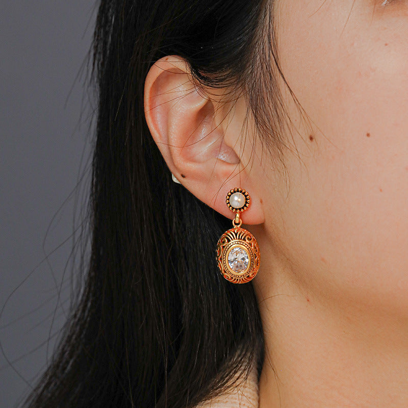 Oval Hollow Floral Stud Earrings