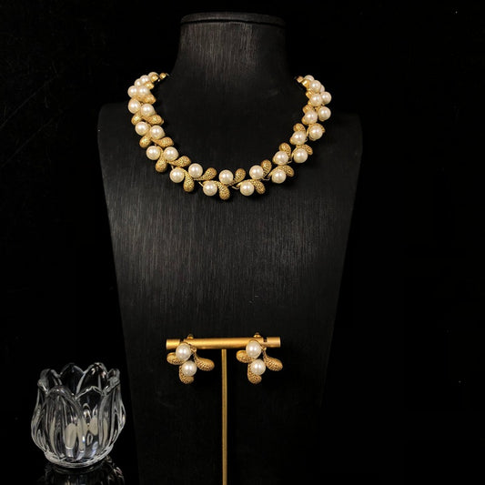 Golden Petal Pearl Necklace & Earrings Set