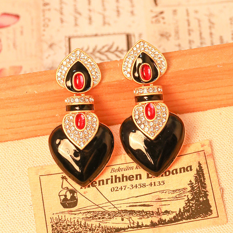 Vintage Enamel & Rhinestone Heart Earrings