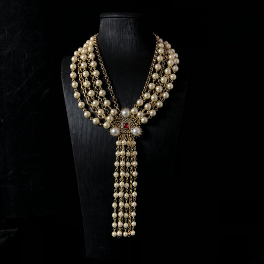 Pearl Multi-Layer Tassel Statement Necklace