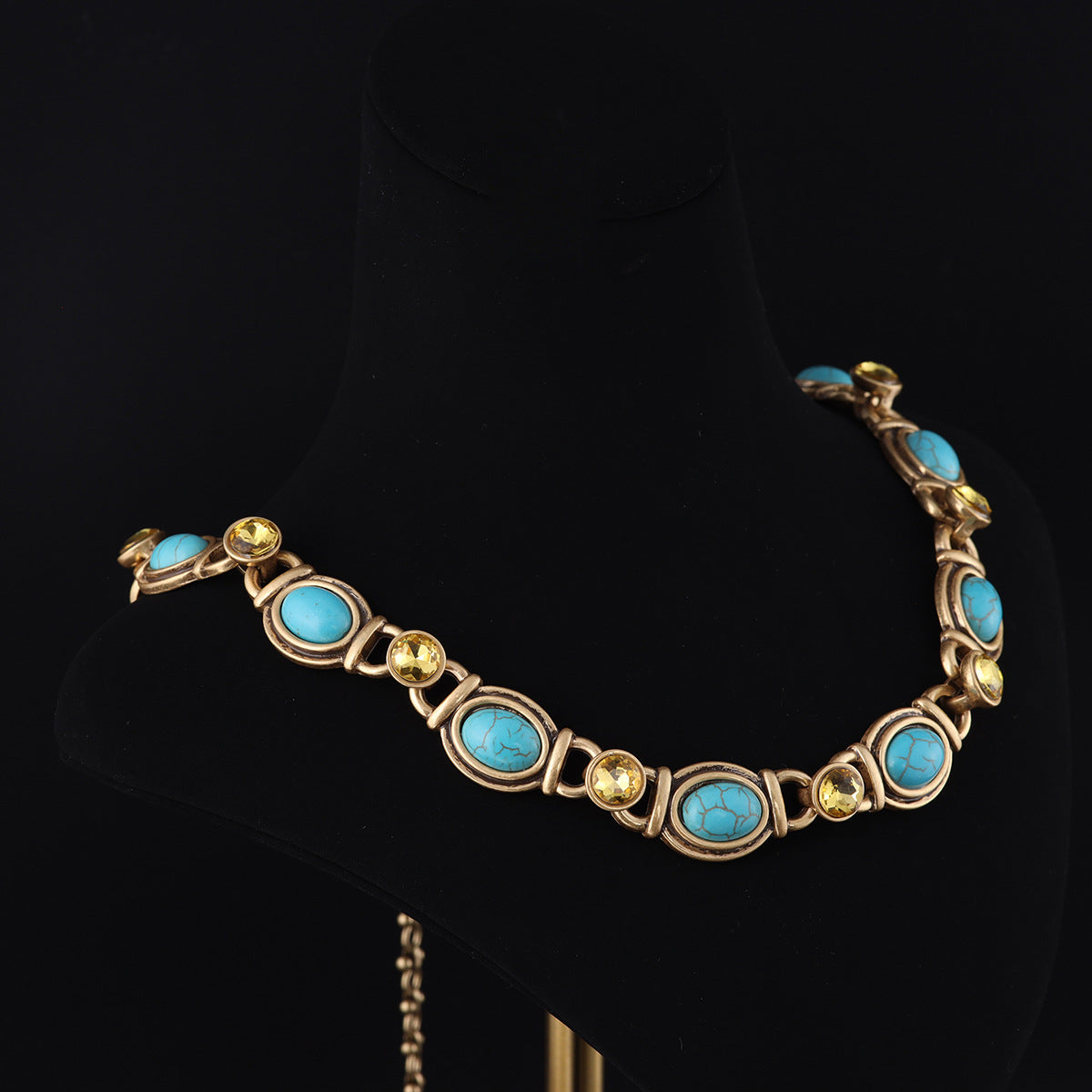 Turquoise & Golden Crystal Link Necklace